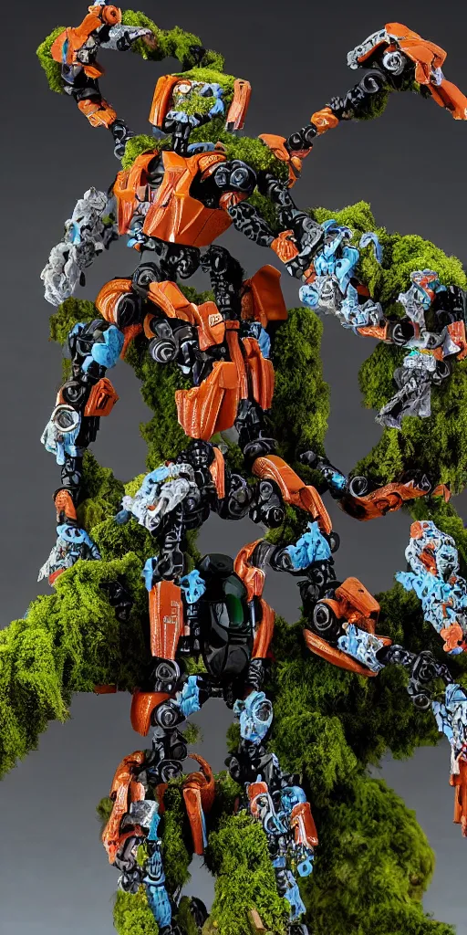 Image similar to bootleg figure of a plastic bionicle surrounded of dirt and moss secondhand, diorama, mcfarlane, figma, cursed photography