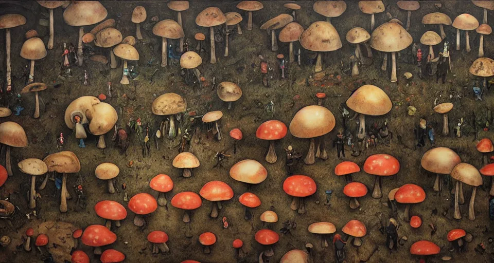 Image similar to A tribal village in a forest of giant mushrooms, by Dan Witz