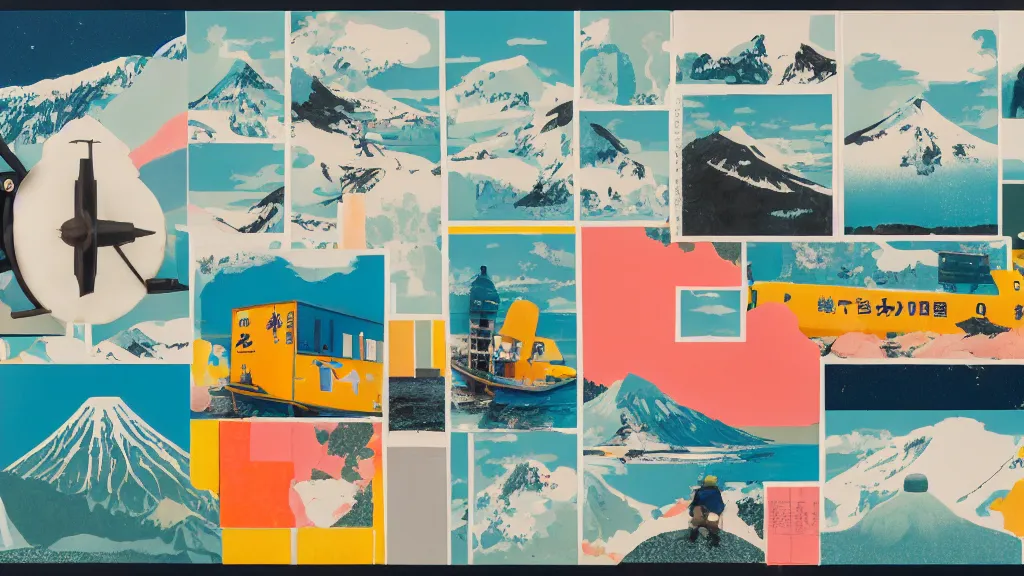 Image similar to an arrangement of explorer traveller props, hokkaido prefecture japan, a collage painting, in the style of wes anderson, lola dupre, david hockney, isolated on negative white space background dark monochrome neon spraypaint accents volumetric octane render