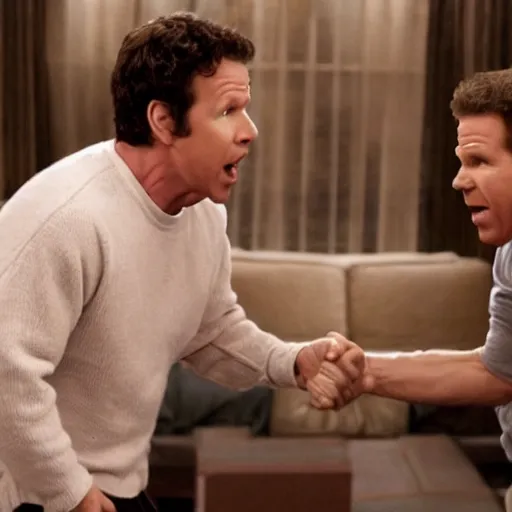 Image similar to scene from a movie that looks like a drama but it's a laugh hard comedy, mark wahlberg and will ferrell being a chaotic duo, shot by darren aronofsky, 4 k