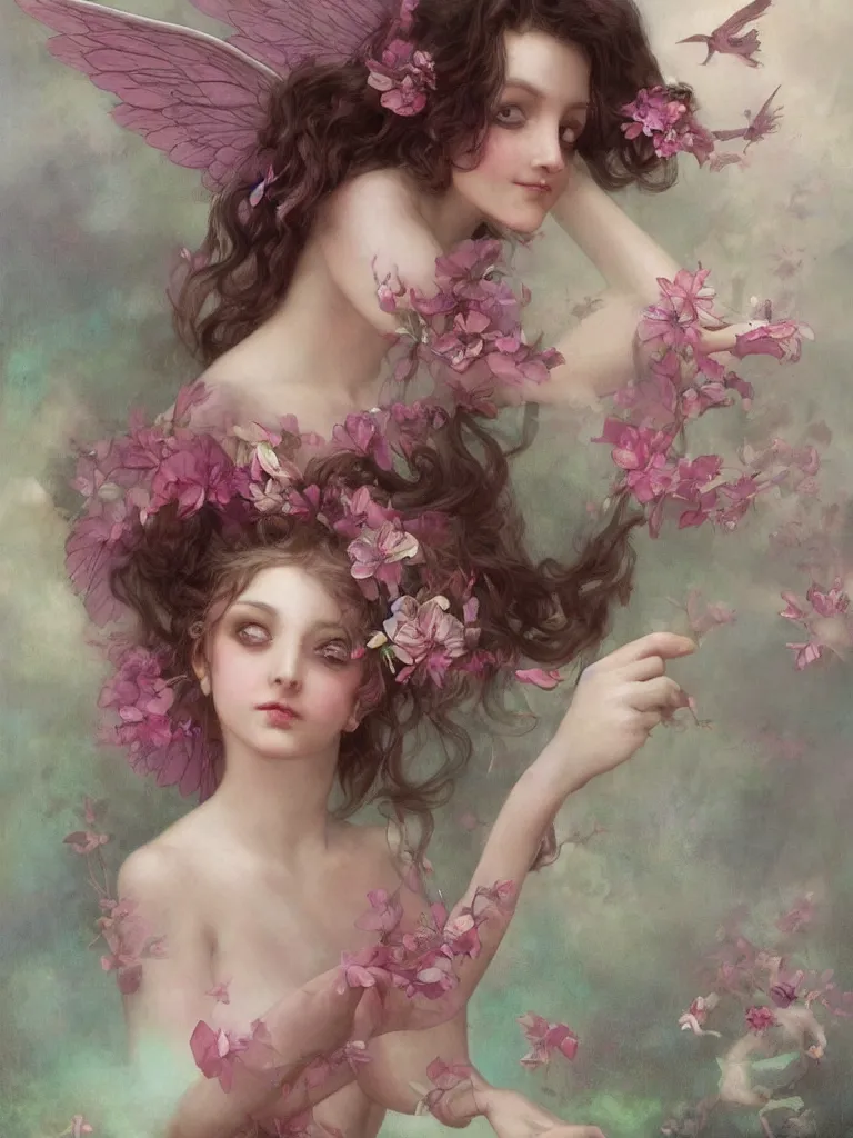 Prompt: one pink fairy with large wings exploring her lonely flower garden by herself in the style of tom bagshaw, william bouguereau, extremely detailed, muted colors, symmetrical face, large eyes, beautiful face