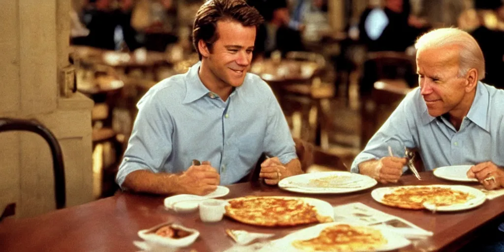 Image similar to color film of joe biden eating pizza in an italian restaurant 1 9 9 4 im the film of good will hunting, grinning, close up, detailed