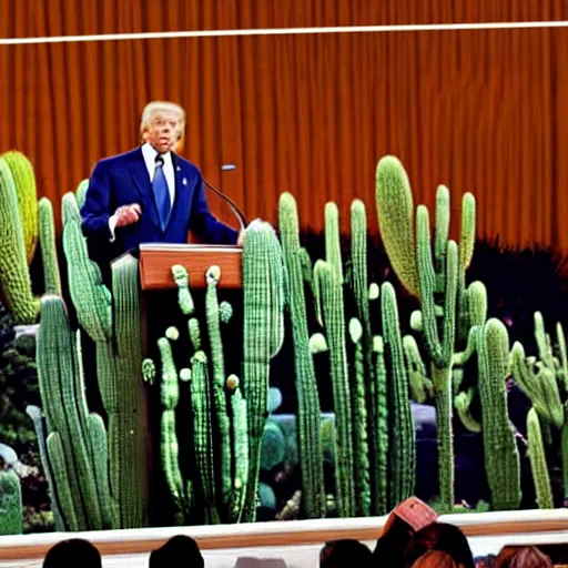 Image similar to “ a still from a presidential address, the president is a cactus ”