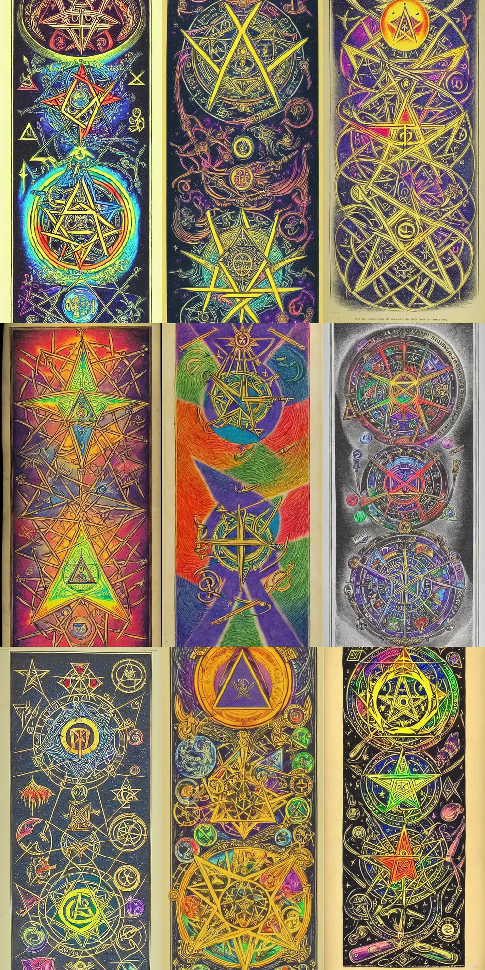 Prompt: occult lithograph containing colorful drawings of magical symbols, reagents, and diagrams of magical devices | ancient scroll, forbidden knowledge, magic symbols | labeled diagrams of magical devices | detailed drawings of fantasy reagents | well - lit, highly detailed, occult