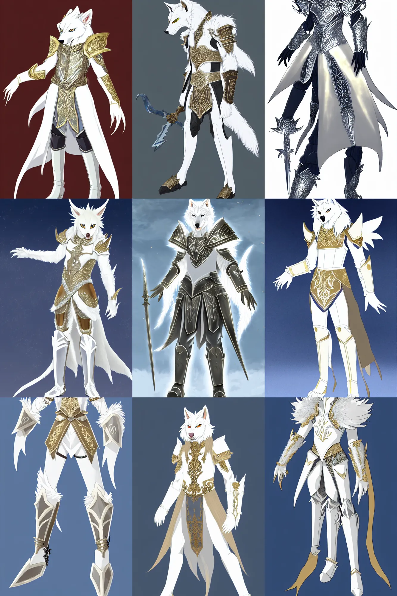 Prompt: albino anthro wolf wearing white and gold magical fantasy armor. breastplate, gauntlets, pants, greaves, skirt. fursona, anthro, anime key visual, detailed armor, makoto shinkai, portrait