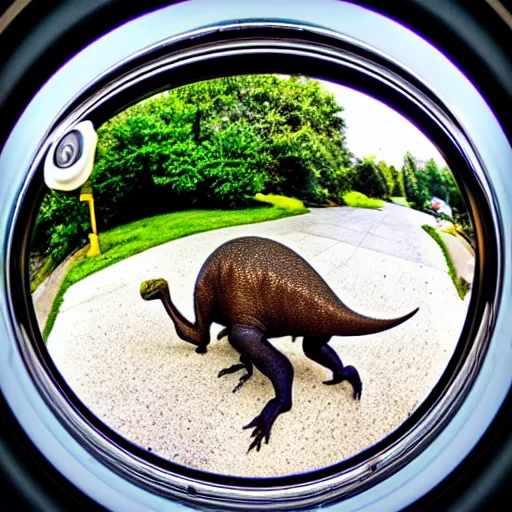 Image similar to fisheye view of dinosaur stealing packages, ring doorbell view