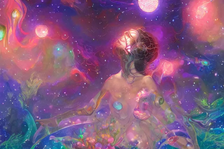 Image similar to yoni, yoni art, psychedelic, whimsical, 4k, beautiful, a crystal and flower, reflective pool, surrounded by gems, underneath the stars, rainbow fireflies, trending on patreon, deviantart, twitter, artstation, volumetric lighting, heavy contrast, art style of Greg Rutkowski and Miho Hirano and Ross Tran