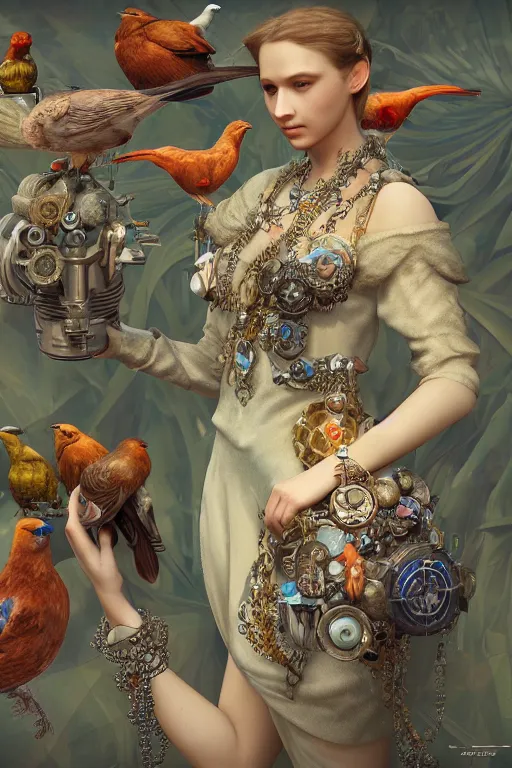 Image similar to zoom in 3 d render of english princess holding birds, ornaments, mechanical parts, mucha vibe, dieselpunk, solarpunk, artstation, andrei riabovitchev