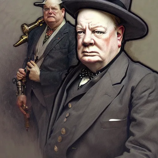 Prompt: full portrait of patton oawalt as winston churchill, fantasy, d & d, intricate, detailed, by by alphonse mucha, adolfo hohenstein, alice russell glenny, stanley artgerm lau, greg rutkowski, detailed, trending on artstation, trending on artstation, smooth