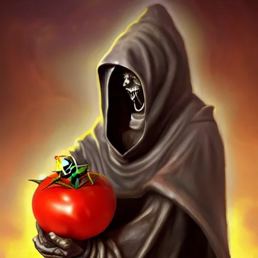 Image similar to a hooded cultist is stabbing a tomato placed on an altar, in front of a stone statue of a forgotten god, by patrick mcenvoy and michael komarck and fantasy flight, incredible quality, trending on artstation