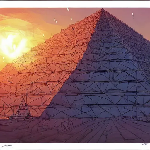 Image similar to point perspective path towards a pyramid with black snake in the sky ,by artgerm and Craig Mullins, James Jean, Andrey Ryabovichev, Mark Simonetti and Peter Morbacher 16k