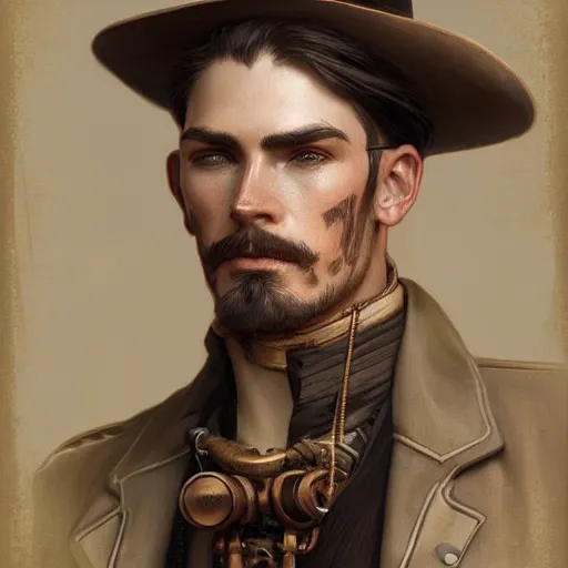 Image similar to vintage portrait of a western steampunk male, highly detailed, digital painting, art by Stanley Lau and Artgerm and magali villeneuve and Alphonse Mucha, artstation, octane render, cgsociety