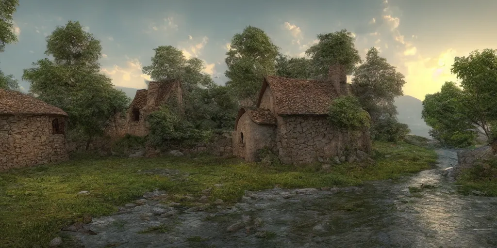 Image similar to a small medieval house near a river in the middle of two mountains at sunrise, concept art, hyperrealistic, trending on artstation, high quality, highly detailed, breathtaking landscape, path traced, clouds, soft lighting, soft colors, digital art, serene landscape, 8 k hdr, octane render, unreal engine 5