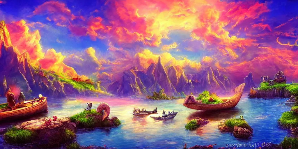 Prompt: fantasy landscape, trolls, goats and boats light fanciful bright colorful sky