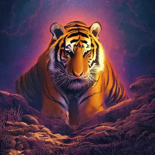 Prompt: out in the dark, among the stars, the tiger is dead by barclay shaw, andreas rochas, dan mumford craig mullins., intricate details, illustration, dynamic lighting, unreal engine, featured on artstation, soft glow