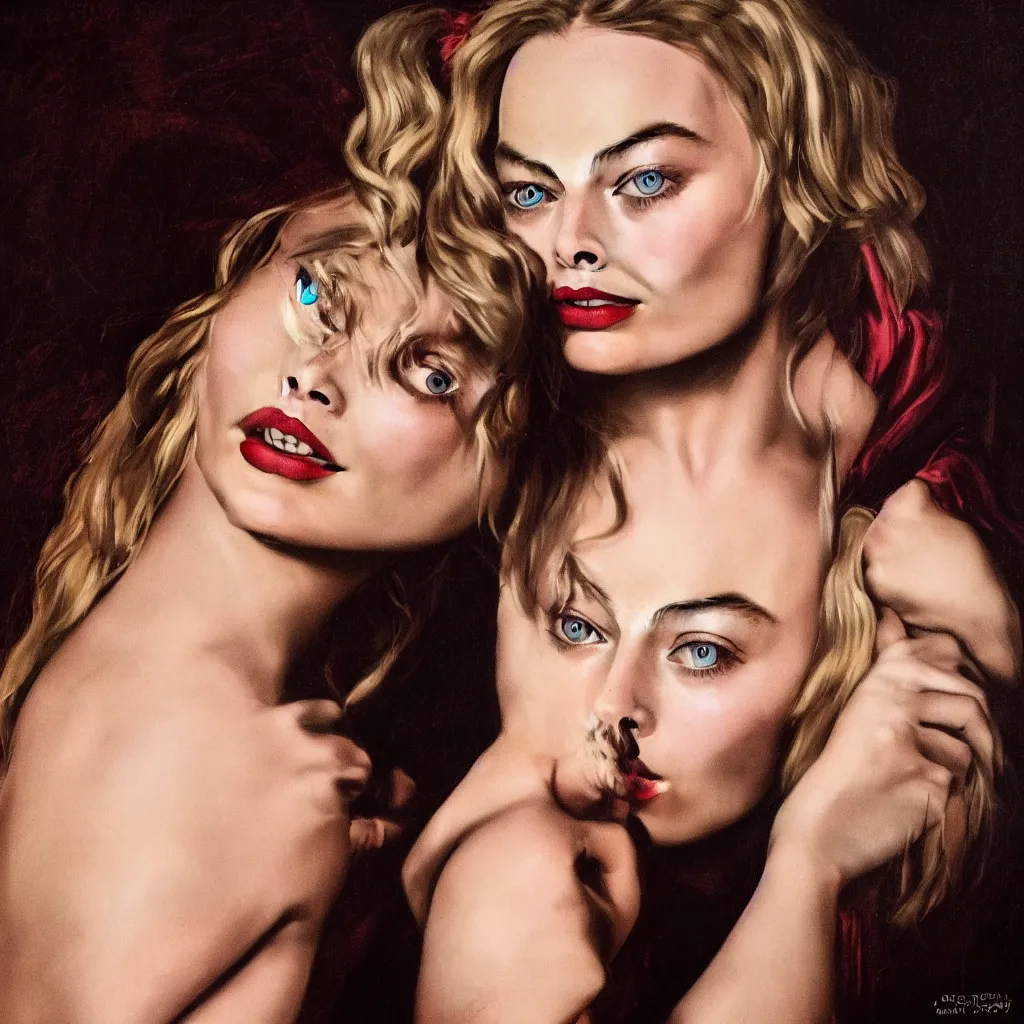 Image similar to portrait photography of Margot Robbie in style of Caravaggio, dramatic colors scheme, fine art photography, dramatic background,