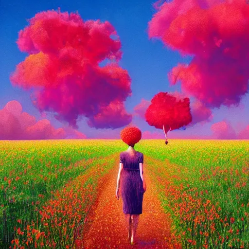 Prompt: giant red carnation afro, full body, girl walking in the middle of a field with flowers, surreal photography, hills, sunrise dramatic light, impressionist painting, colorful clouds, digital painting, pointillism, artstation, simon stalenhag