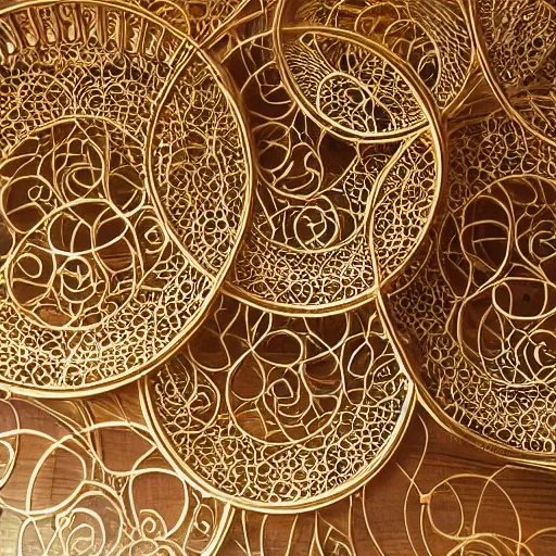 Image similar to a well - lit photo of an intricate gold filigree art nouveau set of concentric spheres on a wooden table, beautiful, detailed, flowing curves