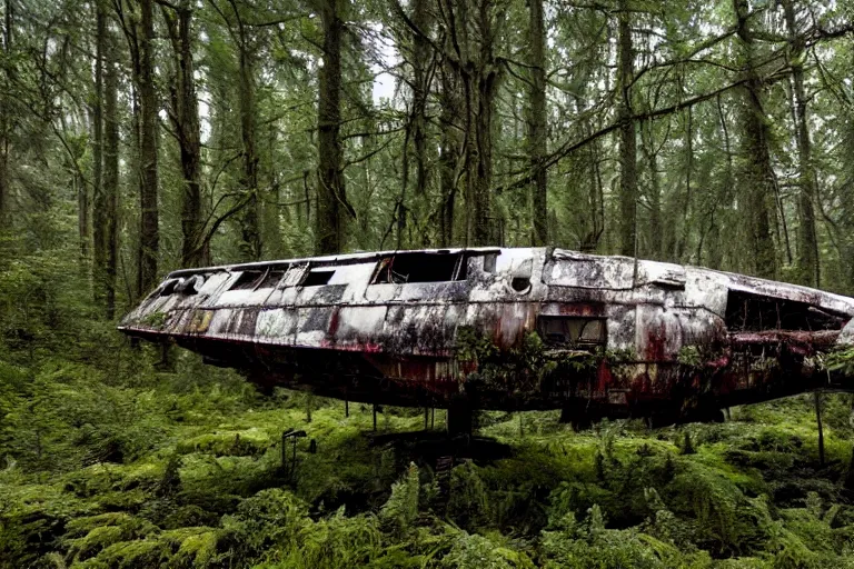 Image similar to derelict spaceship in a Forrest, hyper detailed, overgrown with moss, rusty metal, wildlife, daytime