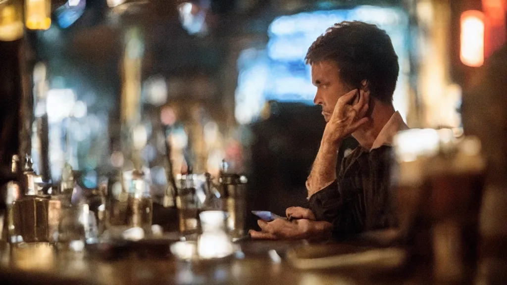 Prompt: a strange creature sits checks their phone at a bar, film still from the movie directed by Denis Villeneuve with art direction by Zdzisław Beksiński, close up, telephoto lens, shallow depth of field
