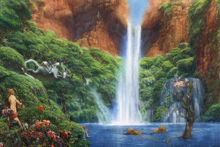 Image similar to hyperdetailed painting of a giant waterfall in the garden of eden, epic, rendered in octane, painted by alan lee, moebius, giovanni ghisolfi and jan baptist