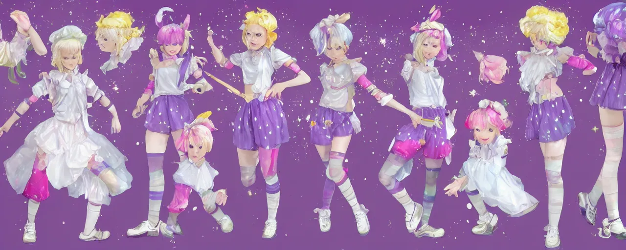 Prompt: A character sheet of a very cute magical girl with short blond hair wearing an oversized purple Beret, Purple overall shorts, Short Puffy pants made of silk, pointy jester shoes, a big scarf, and white leggings. Rainbow accessories all over. Flowing fabric. Covered in stars. Short Hair. By Seb McKinnon. By WLOP. By Artgerm. By william-adolphe bouguereau. Fashion Photography. Decora Fashion. harajuku street fashion. Kawaii Design. Intricate. Highly Detailed. Digital Art. Fantasy. Photo real. realistic. Soft Lighting. 4K. UHD. Denoise.