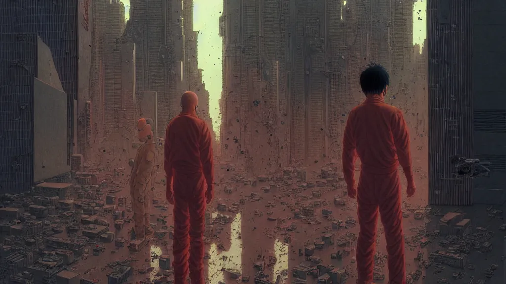 Image similar to realistic aesthetic highly detailed photography of characters in akira scene, characters with hyperrealistic highly detailed faces. from akira by katsuhiro otomo and alejandro hodorovski and denis villeneuve and gregory crewdson style with many details by mike winkelmann and vincent di fate in sci - fi style. volumetric natural light hyperrealism photo on dsmc 3 system