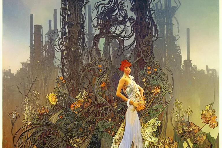 Image similar to morning autumn medievil tall crumbling smokestacks with mushroom clouds lightening in the background by alphonse mucha, rodney matthews, trending on artstation.