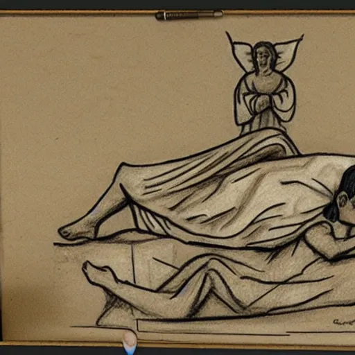 Image similar to a coffin and a drawing angel in the style of sempe