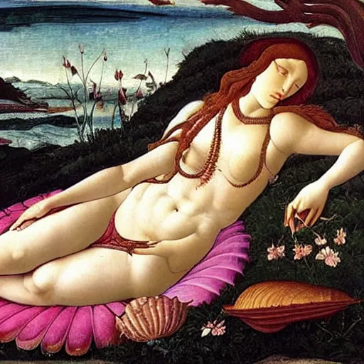 Image similar to an ultradetailed mythological oil painting of a beautiful woman with long brown hair, full body, wearing pink floral chiton, lying on a giant scallop shell, near the seashore, intricate lines, elegant, renaissance style, by sandro botticelli