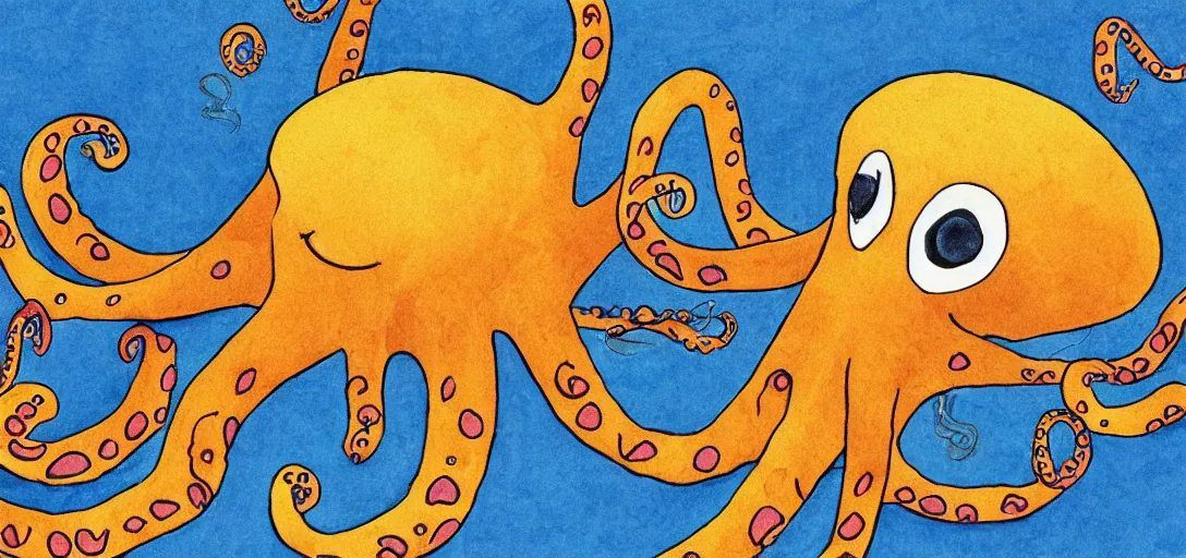Prompt: children's book illustration of a sad octopus