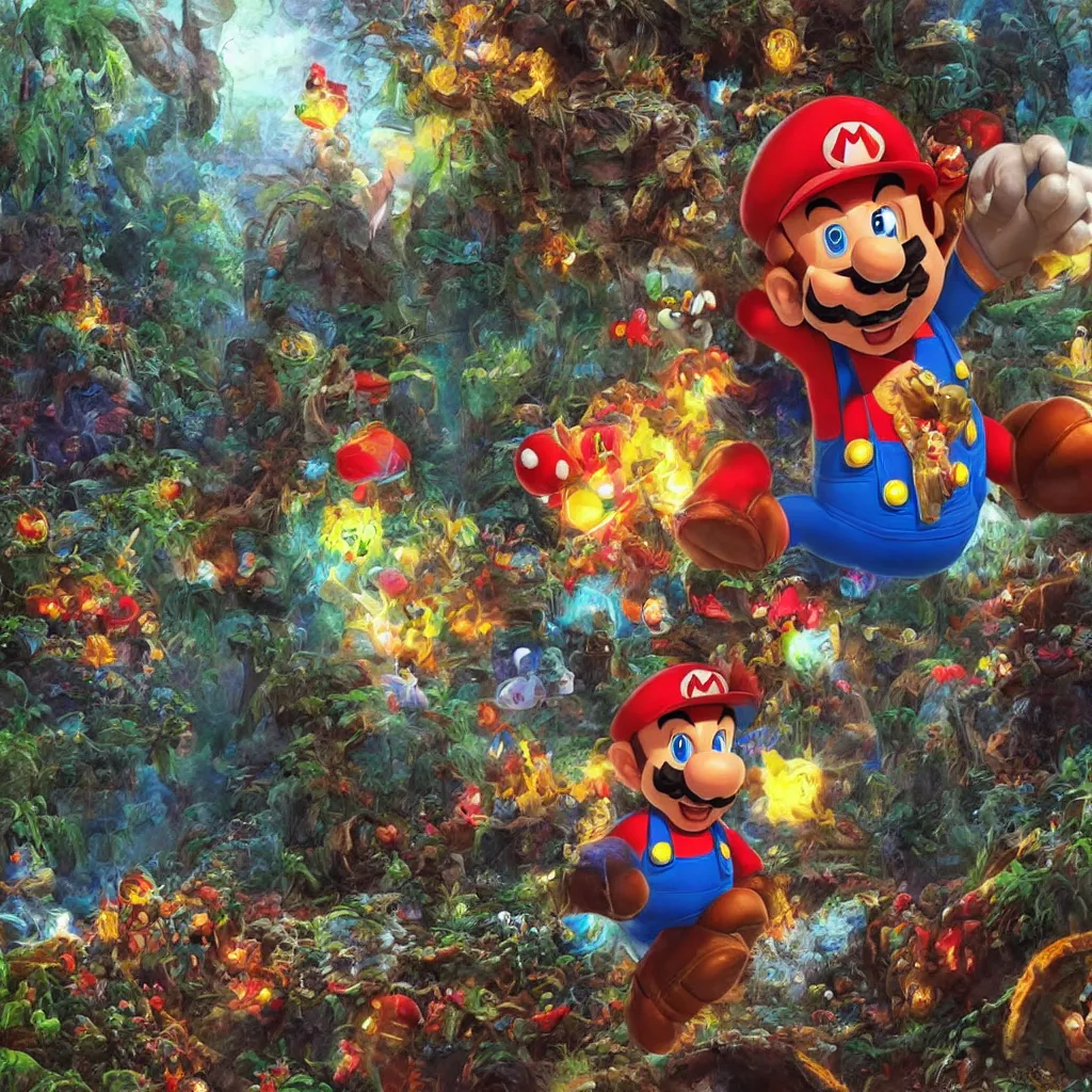 Prompt: oil painting of super mario as shaman in real life tripping on mushrooms, fine art, psychedlic trip. magic mushrooms, super mario bros, hyper detailed, cinematic lighting,, dark atmoshopere, octane rendered, ultrarealistic, artstation, high definition, 4 k, art by greg rutkowski, art by cd projekt red, classical oil painting