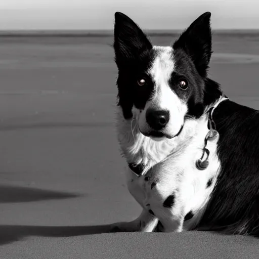 Image similar to black and white photograph of a dog that is a king in the beach