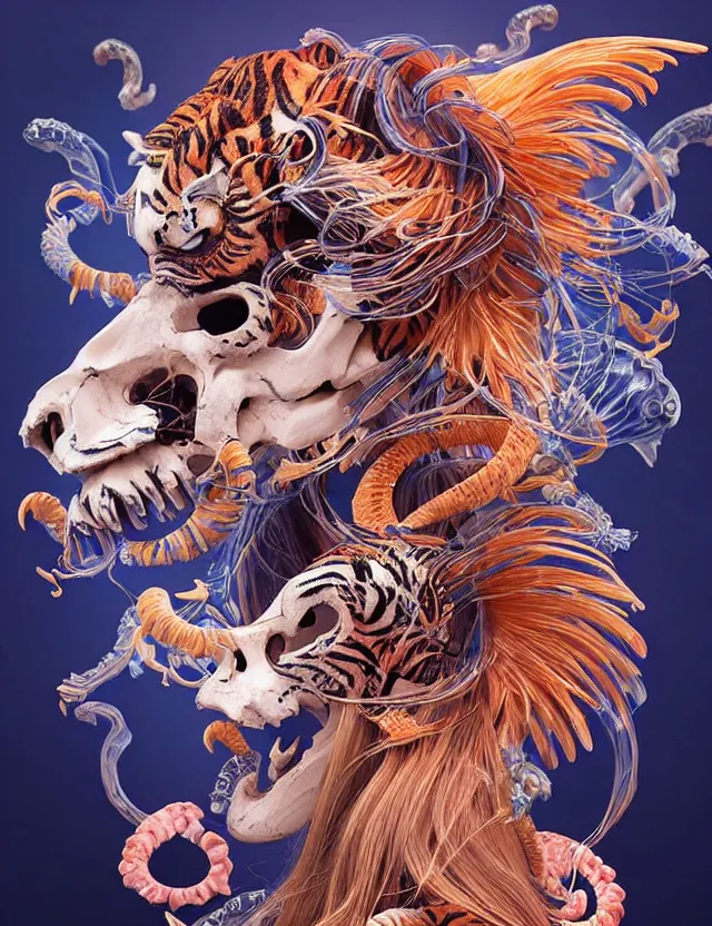 Image similar to 3 d goddess tiger skull half - turn portrait with long hair with ram skull. beautiful intricately detailed japanese crow kitsune mask and clasical japanese kimono. betta fish, jellyfish phoenix, bio luminescent, plasma, ice, water, wind, creature, artwork by tooth wu and wlop and beeple and greg rutkowski