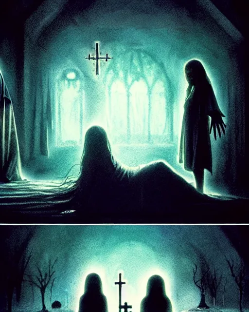 Image similar to it is natural to die as to be born, salems revenge, amityville, rendered in pov - ray, style of greg rutkowski and junji ito and sam francis