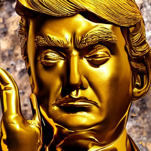 Image similar to donald trump golden statue starting to melt, drips of molten metal ground angle, uhd 8 k, sharp focus