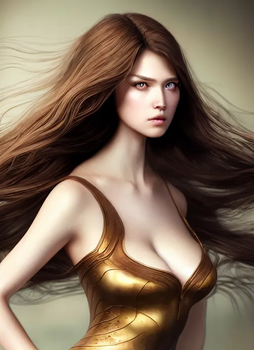 Image similar to a gorgeous female with long brown hair, photo by tim walker, realistic, full body shot, wide angle, sharp focus, 8 k high definition, insanely detailed, intricate, elegant, art by stanley lau and artgerm, floating embers