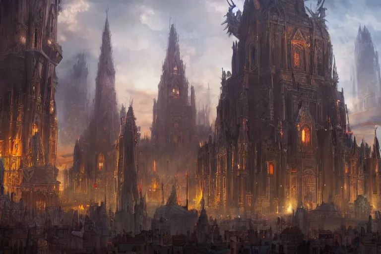 Image similar to A giant medieval city, huge temple, religious, fantasy, gigantic scale, dynamic lighting, cinematic, concept art, trending on artstation