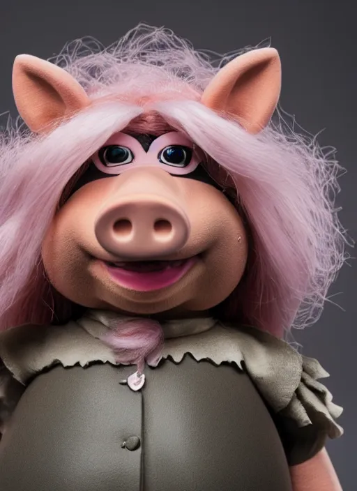 Image similar to portrait of ms. piggy as the plain doll from bloodborne, natural light, detailed face, canon eos c 3 0 0, ƒ 1. 8, 3 5 mm, 8 k, medium - format print, half body shot