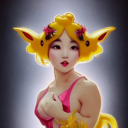 Image similar to just one lonely attractive asian showgirl in a pikatchu costume!! realistic illustration by artgerm and alphonse mucha. full body!! anatomical correct contour light effect!! 8 k stage light octane rendersharp edge ultra clear intricate elegant detailed,