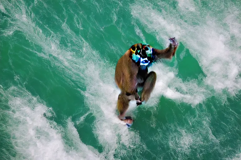 Prompt: monkey surfing on a green sea wave, natural lighting, highly detailed, 4 k, ultra hd