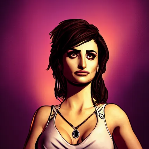 Image similar to penelope cruz portrait, borderlands, tales from the borderlands, the wolf among us, comic, cinematic lighting, studio quality, 8 k