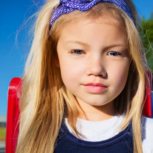 Image similar to a blonde girl waiting for the school bus, detailed face, sunny