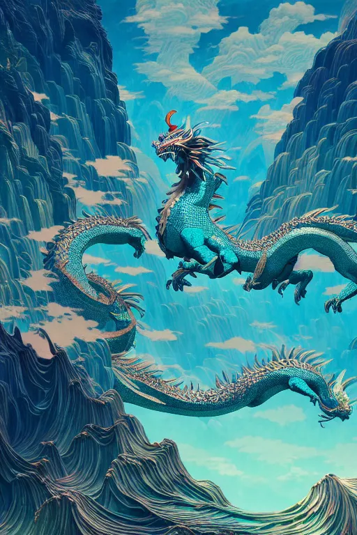 Image similar to a beautiful hyperdetailed design 4 k wallpaper illustration of a huge cyan dragon, victo ngai style, from china, style of studio ghibli, makoto shinkai, raphael lacoste, louis comfort tiffany, denoise, deblurring, artgerm, xision, james jean, ross tran, chinese style