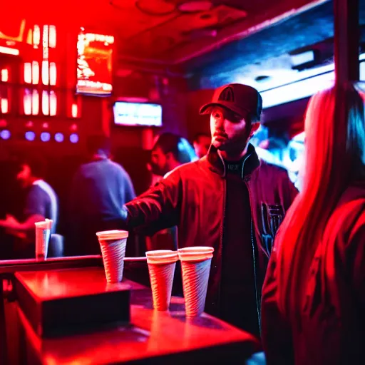 Image similar to photograph of retro techwear people with solo cups loitering near the bar of a packed busy rundown nightclub, retrofuturism, brutalism, cyberpunk, sigma 85mm f/1.4, 35mm, 4k, depth of field, high resolution, 4k, 8k, hd, highly detailed, full color