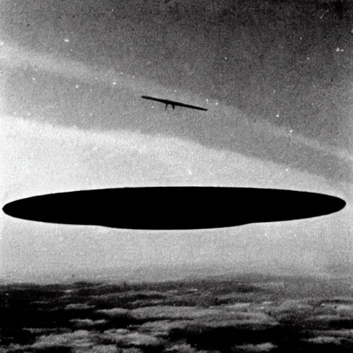 Prompt: dark photo of an ufo in the skies, there is a nuclear explosion behind, black and white, pictorialism