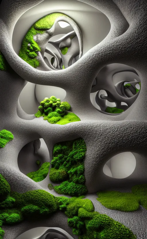 Image similar to highly detailed ultra sharp 3 d render villa cinematic composition of a smooth ceramic porcelain biomorphic magnolia stone nebula fluid fractal sci - fi surreal architecture landscape, granite, metallic, magnesium, marble, moss and lichen, vincent callebaut composition, mamou - mani, archviz, beautiful lighting, 8 k, unreal engine, hdr,