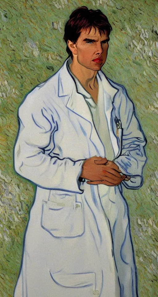 Image similar to Tom Cruise in white lab coat by Van Gogh