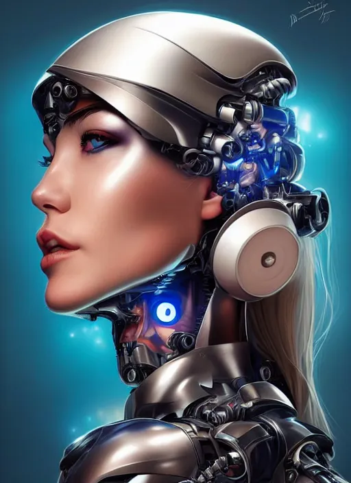 Prompt: portrait of a cyborg woman who turns her head to the ((((((right))))) left+1 (((((up))))) (((((down))))) by Artgerm,eyes closed , biomechanical, hyper detailled, trending on artstation