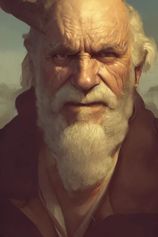 Image similar to portrait, face of a old grumpy sailor, face portrait, raphael lacoste, eddie mendoza, alex ross, concept art, matte painting, highly detailed, rule of thirds, dynamic lighting, cinematic, detailed, denoised, centerd